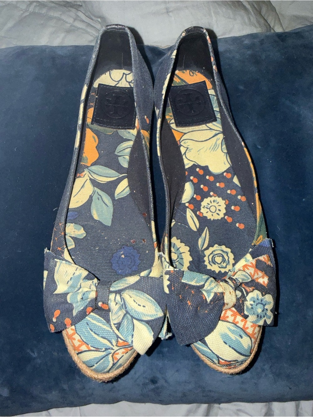 Tory Burch Floral Canvas Bow Espadrille Flats Size 37